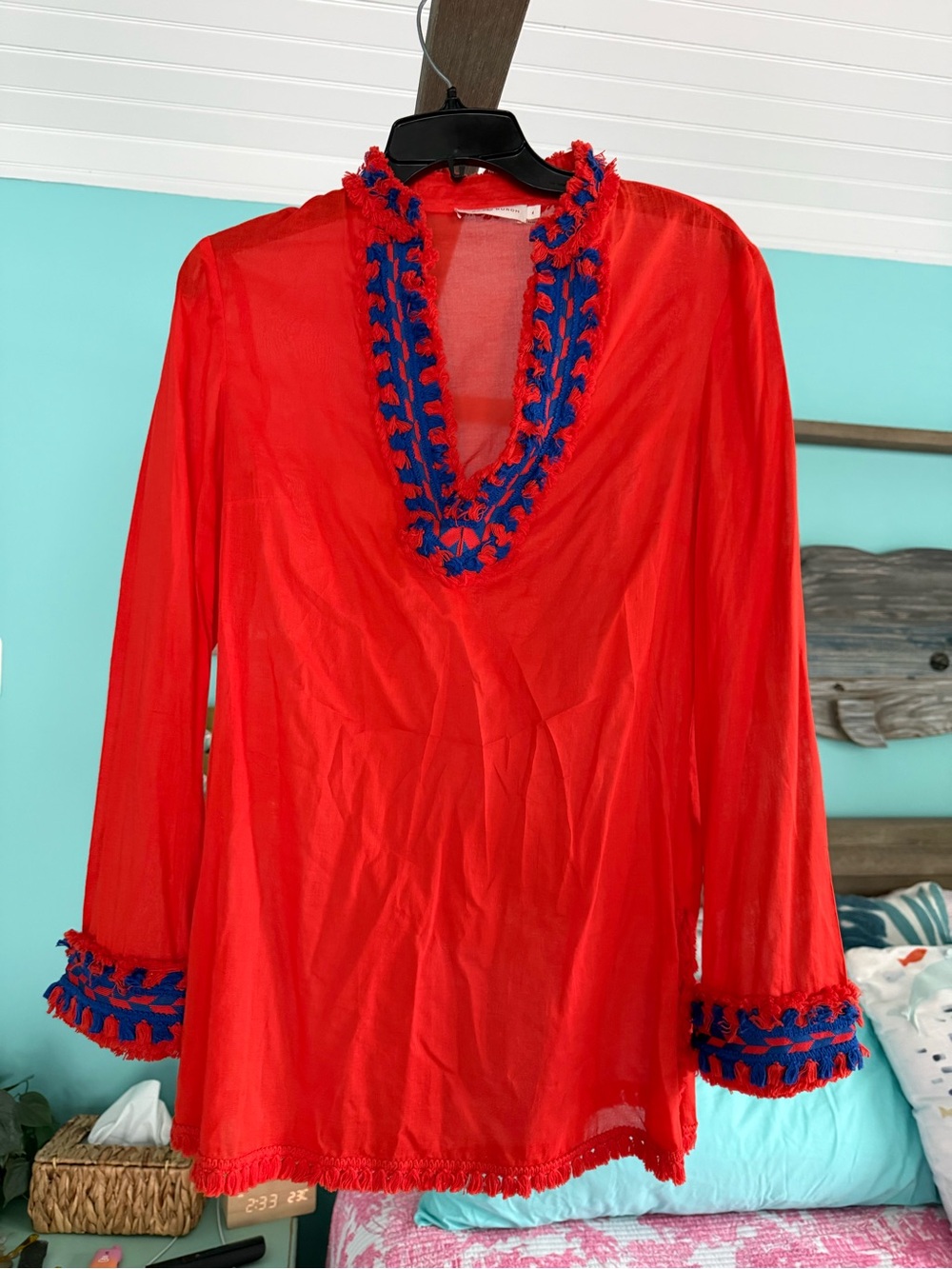 Tory Burch orange Tunic with Blue Trim- lightweight cotton